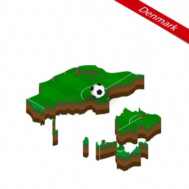 İzometrik harita Danimarka futbol sahası ile. Futbol topu futbol sahası Center'da. Vektör futbol illüstrasyon.