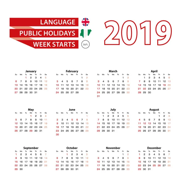 Calendar 2019 English Language Public Holidays Country Nigeria Year 2019 — Stock Vector