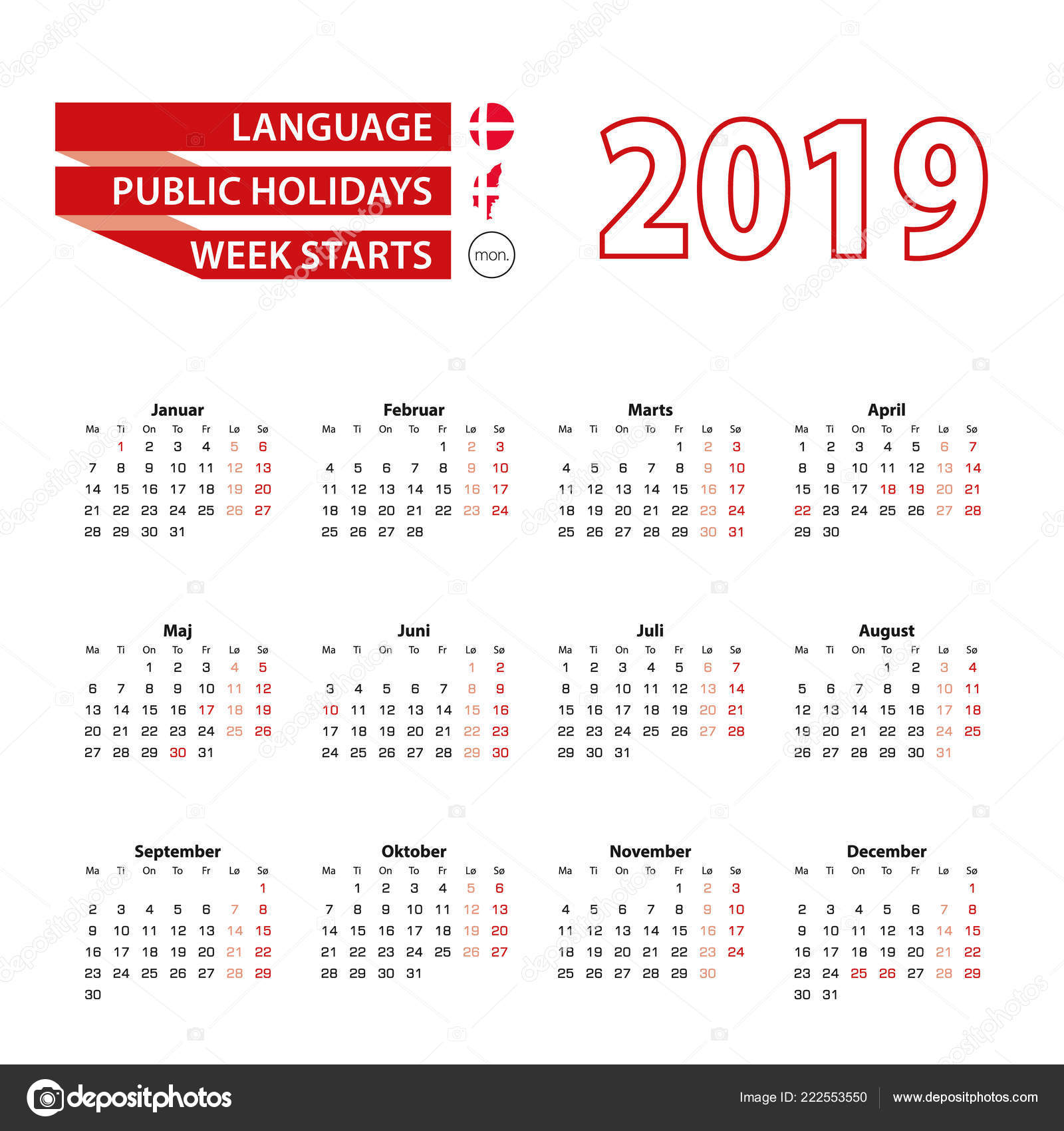 Calendar 2019 Danish Language Public Holidays Country Denmark Year 2019