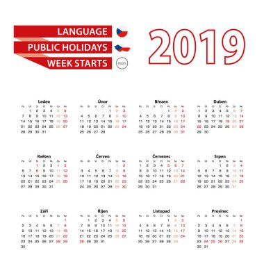 Takvim 2019 kamu ile Çek dilinde 2019 yılında ülke Çek Cumhuriyeti Tatil. Hafta Pazartesi başlıyor. Vektör çizim.