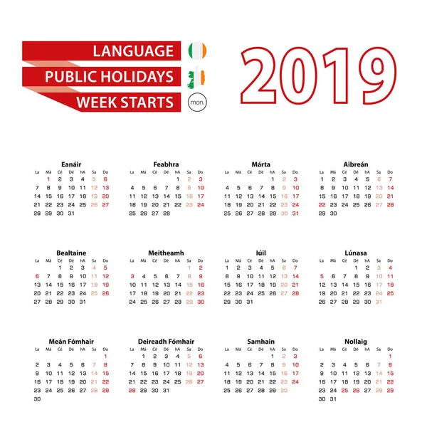 Calendar 2019 Irish Language Public Holidays Country Ireland Year 2019 — Stock Vector