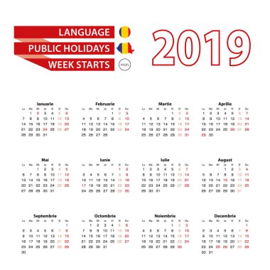 Takvim 2019 kamu ile Romen dilinde 2019 yılında Romanya ülke tatil. Hafta Pazartesi başlıyor.