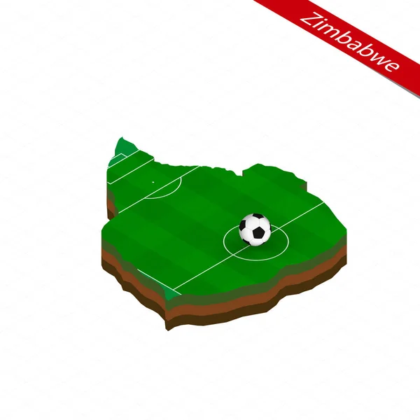 Isometric map of Zimbabwe with soccer field. Football ball in center of football pitch. Vector soccer illustration.