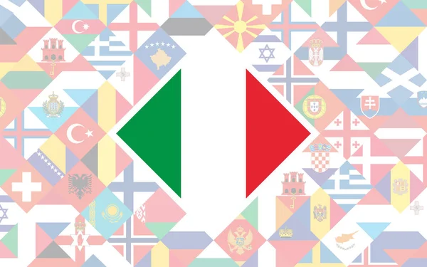 Sfondo Della Bandiera Dei Paesi Europei Con Grande Bandiera Italia — Vettoriale Stock
