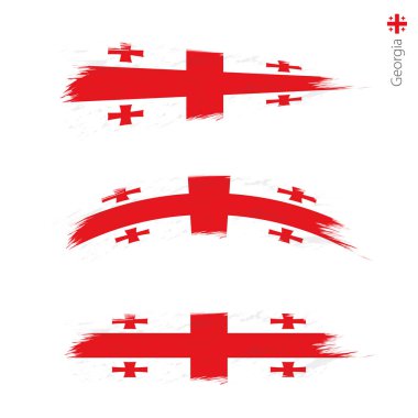 3 grunge dokulu bayrak Gürcistan, stil boyalı fırça darbeleri Ulusal ülke bayrağı üç sürümü ayarlayın. Vektör bayrakları.