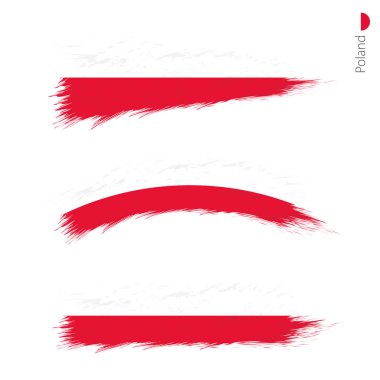 3 grunge dokulu bayrak Polonya Stil boyalı fırça darbeleri Ulusal ülke bayrağı üç sürümü ayarlayın. Vektör bayrakları.