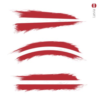 3 grunge dokulu bayrak Letonya, stil boyalı fırça darbeleri Ulusal ülke bayrağı üç sürümü ayarlayın. Vektör bayrakları.