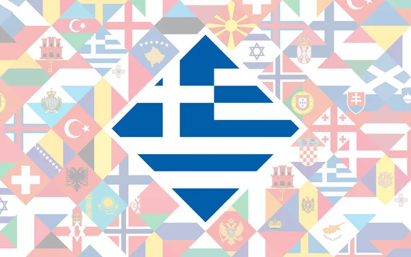 Флаг Европейских Стран Большим Флагом Греции Центре Соревнований Футболу — стоковый вектор