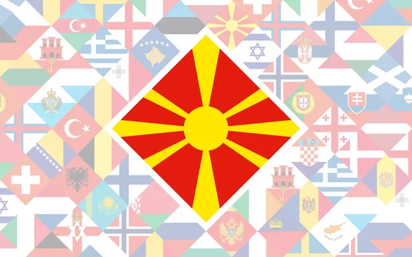 Antecedentes Bandera Los Países Europeos Con Gran Bandera Macedonia Centro — Archivo Imágenes Vectoriales