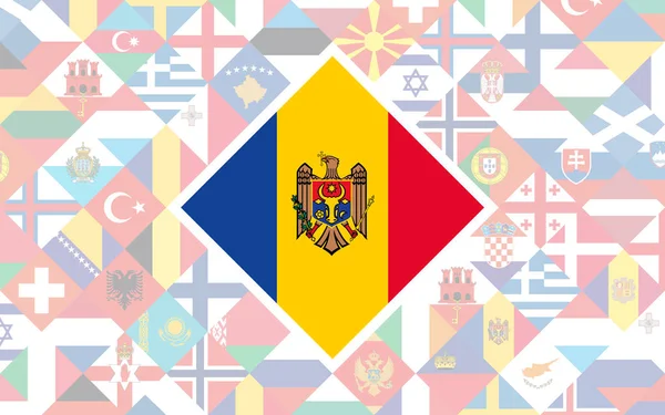 Antecedentes Bandera Los Países Europeos Con Gran Bandera Moldavia Centro — Vector de stock