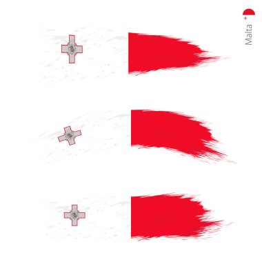 3 grunge dokulu bayrak Malta, stil boyalı fırça darbeleri Ulusal ülke bayrağı üç sürümü ayarlayın. Vektör bayrakları.