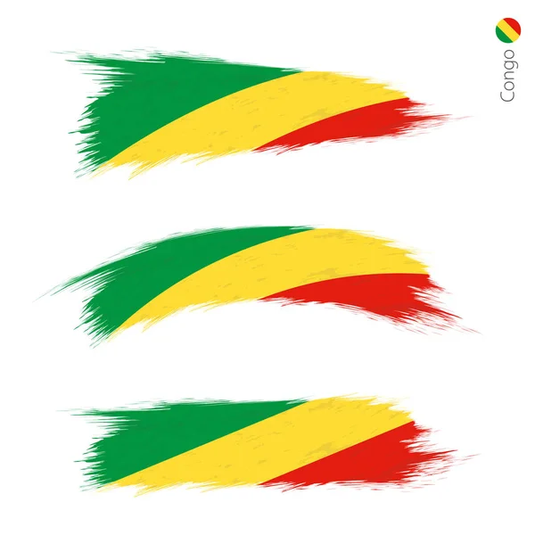 设置为3个粗糙纹理的刚果国旗 三个版本的国旗在笔触画的风格 矢量标志 — 图库矢量图片
