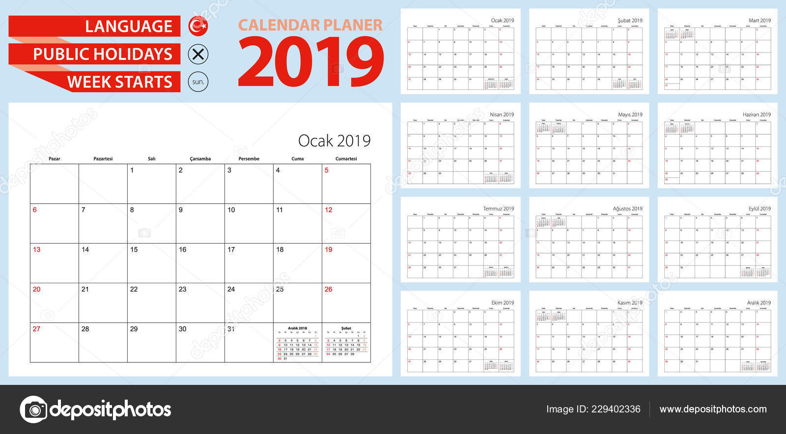 2019年土耳其日历规划师土耳其语周从周日开始矢量模板图库矢量图©boldg 229402336