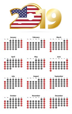 İngilizce Takvim 2019 çevrelerde sayılarla, hafta Pazar günü başlar..