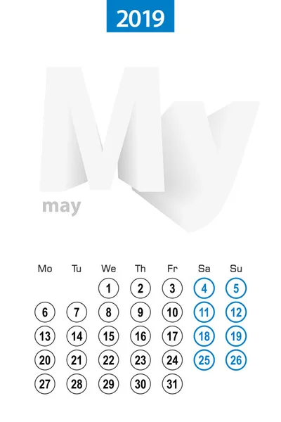 Kalender Für Mai 2019 Blauer Kreis Entwurf Englische Sprache Woche — Stockvektor