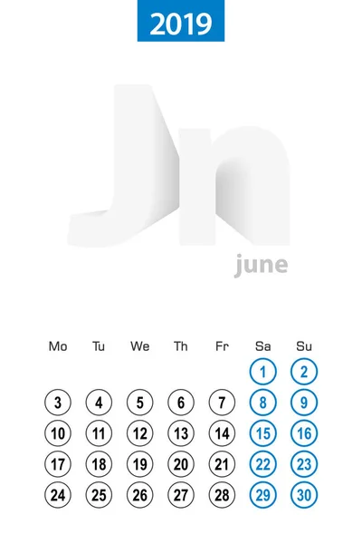 Kalender Für Juni 2019 Blauer Kreis Englische Sprache Woche Beginnt — Stockvektor