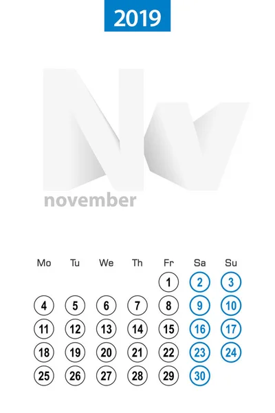 Calendário Para Novembro 2019 Design Círculo Azul Idioma Inglês Semana — Vetor de Stock