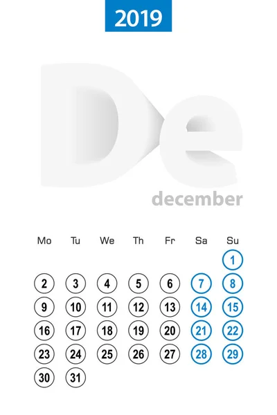 Calendario Para Diciembre 2019 Diseño Círculo Azul Idioma Inglés Semana — Vector de stock