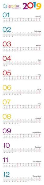 Year 2019 Calendar Weeks Line Different Design Vector Calendar — Stock Vector