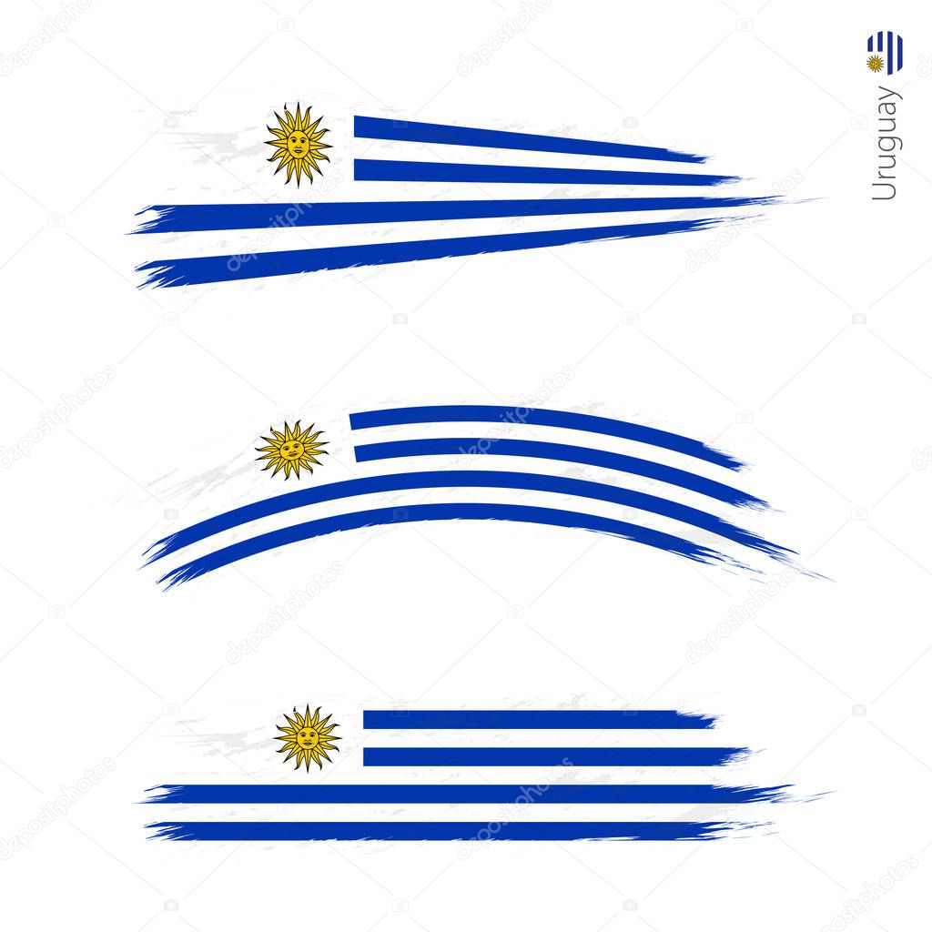 Set of 3 grunge textured flag of Uruguay, three versions of national country flag in brush strokes painted style. Vector flags.