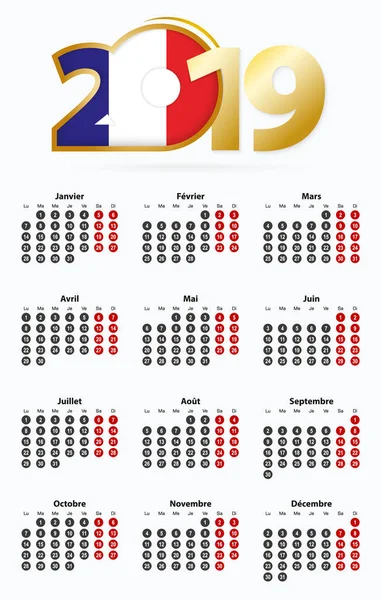 Vector Sjabloon Kalender 2019 Met Nummer Cirkels Eenvoudige Franse Kalender — Stockvector