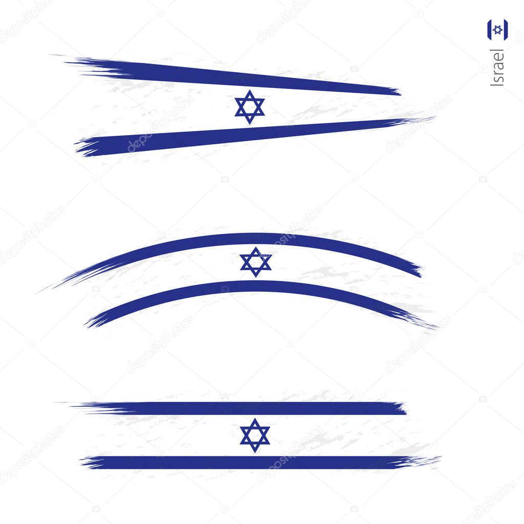 Set of 3 grunge textured flag of Israel, three versions of national country flag in brush strokes painted style. Vector flags.