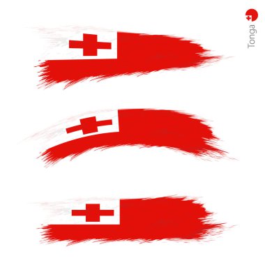 3 grunge dokulu bayrak Tonga, stil boyalı fırça darbeleri Ulusal ülke bayrağı üç sürümü ayarlayın. Vektör bayrakları.