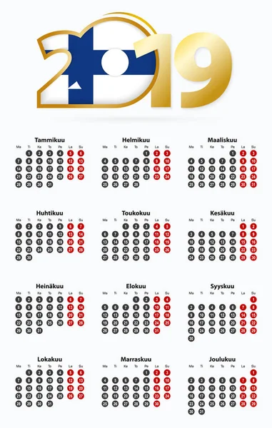 Vector Sjabloon Kalender 2019 Met Nummer Cirkels Eenvoudige Finse Kalender — Stockvector