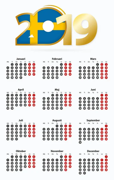 Vector Sjabloon Kalender 2019 Met Nummer Cirkels Eenvoudige Zweedse Kalender — Stockvector