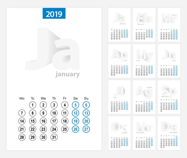 Calendar 2019 Design Cerc Albastru Limba Engleză Săptămâna Începe Luni — Vector de stoc