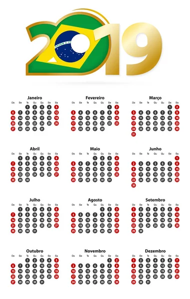 Der Portugiesische Kalender 2019 Zeigt Zahlen Kreis Die Woche Beginnt — Stockvektor