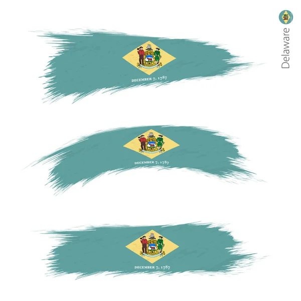 Σετ Grunge Ελαστικοποιημένων Σημαία Μας Κράτος Delaware Τρεις Εκδόσεις Του — Διανυσματικό Αρχείο