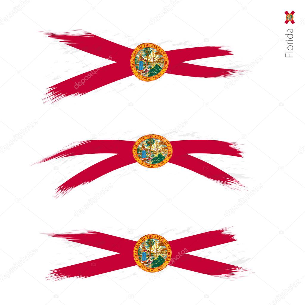 Set of 3 grunge textured flag of US State Florida, three versions of state flag in brush strokes painted style. Vector flags.