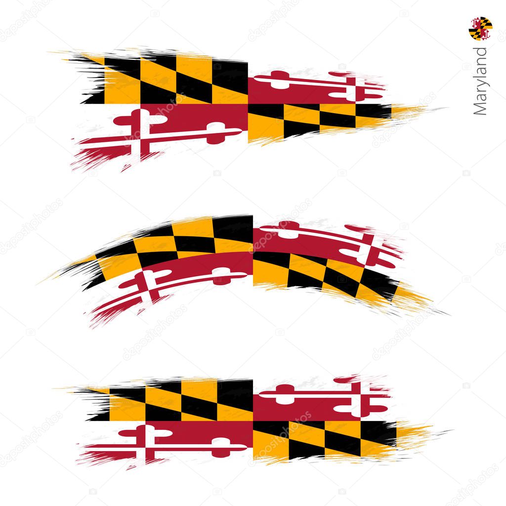 Set of 3 grunge textured flag of US State Maryland, three versions of state flag in brush strokes painted style. Vector flags.