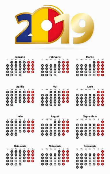 Vector Sjabloon Kalender 2019 Met Nummer Cirkels Eenvoudige Roemeense Kalender — Stockvector