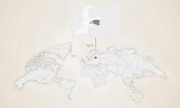 贴在世界地图上的邻国爱沙尼亚地图 抽象三角形世界地图 — 图库矢量图片