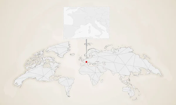 Mapa Monako Krajów Sąsiada Przypięte Mapie Świata Streszczenie Trójkątów Mapa — Wektor stockowy