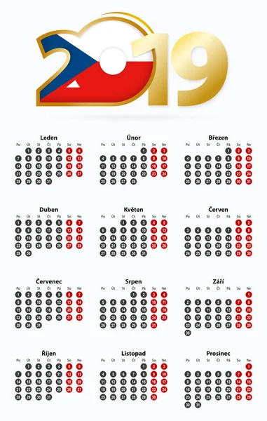 Vector sjabloon kalender 2019 met nummer in cirkels, eenvoudige Tsjechische kalender — Stockvector