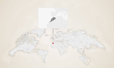 Fas Haritası komşu ülkeleri ile dünya haritası üzerinde sabitlenmiş. Soyut üçgenler Dünya Haritası.