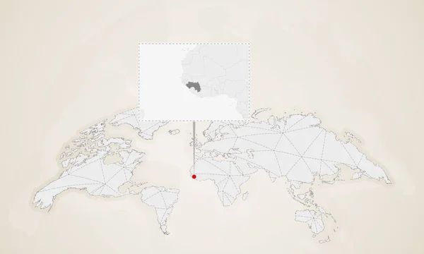 Χάρτης Γουινέας Γείτονες Χώρες Καρφώθηκε Στον Παγκόσμιο Χάρτη Αφηρημένη Τρίγωνα — Διανυσματικό Αρχείο