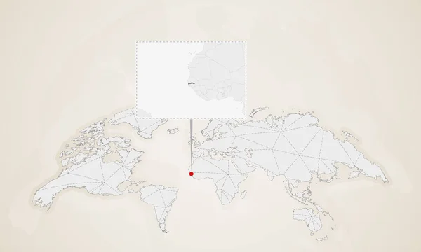 被钉在世界地图上的邻国冈比亚地图 抽象三角形世界地图 — 图库矢量图片