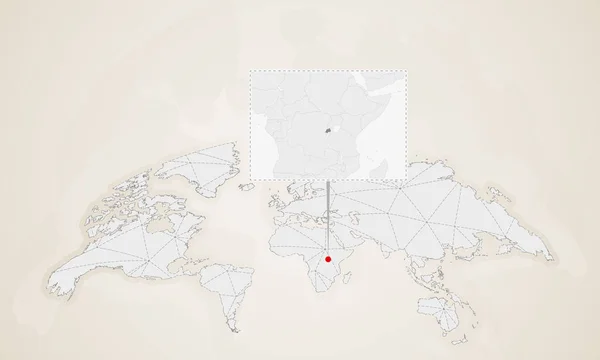 Mapa Rwandě Soused Země Připojené Mapě Světa Abstraktní Trojúhelníky Mapa — Stockový vektor