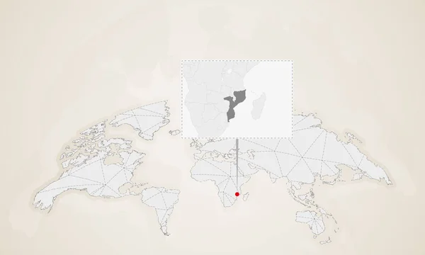 Karte Von Mosambik Mit Nachbarländern Die Auf Der Weltkarte Eingezeichnet — Stockvektor