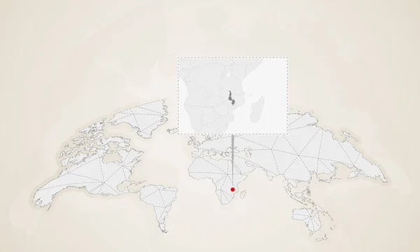 Карта Малави Соседними Странами Закрепленная Карте Мира Абстрактные Треугольники — стоковый вектор