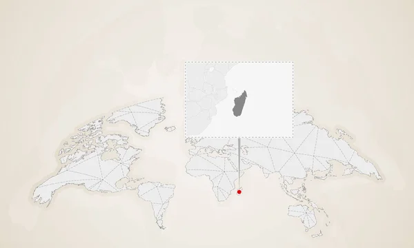 Mapa Madagaskar Krajów Sąsiada Przypięte Mapie Świata Streszczenie Trójkątów Mapa — Wektor stockowy