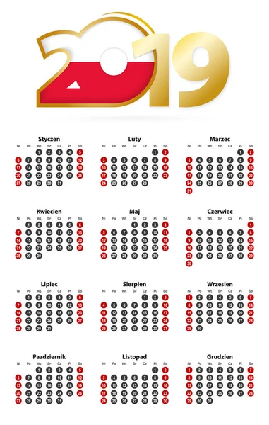 Der Polnische Kalender 2019 Zeigt Zahlen Kreis Die Woche Beginnt — Stockvektor