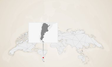 Arjantin haritası komşu ülkeleri ile dünya haritası üzerinde sabitlenmiş. Soyut üçgenler Dünya Haritası.