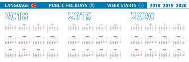 Simple calendar template in Turkish for 2018, 2019, 2020 years. Week starts from Monday clipart