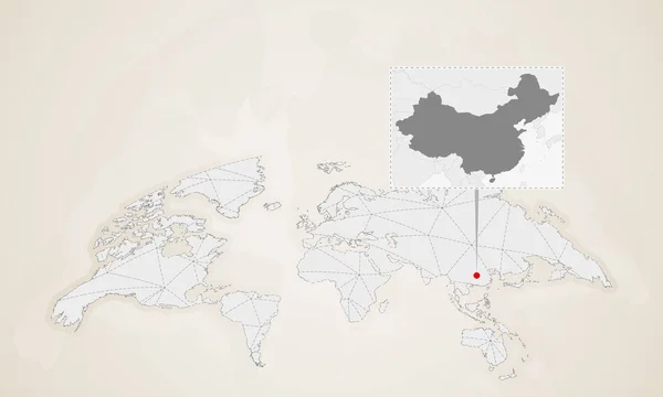 Карта Китая Соседними Странами Закрепленная Карте Мира Абстрактные Треугольники — стоковый вектор