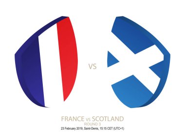 Fransa vs İskoçya, 2019 Rugby Six Nations Şampiyonası, 3 yuvarlak. Vektör çizim.